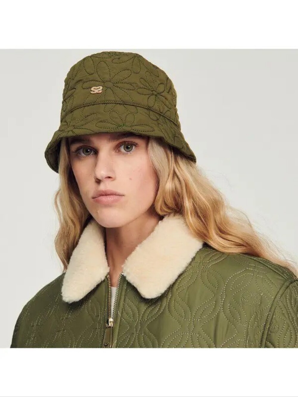 Sandro Olive Green Quilted Bucket Hat